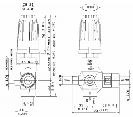 Регулятор давления PA VB350 (350бар, 40л/мин, 3/8&quot;ш-3/8&quot;г, By-pass 1/2&quot;г)